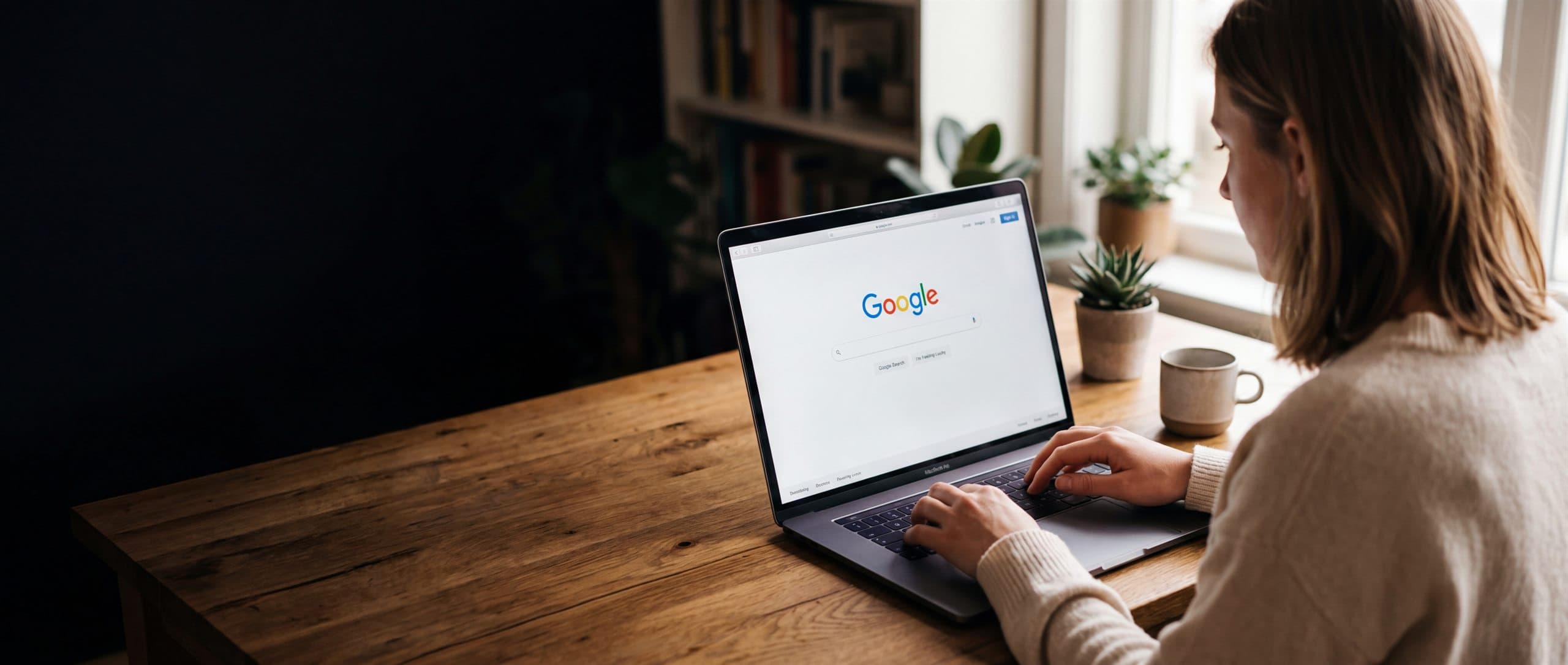 A business owner searching on Google at their desk